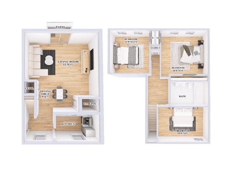 Floor plan for 3 beds, 1.5 baths, 1140 sqft